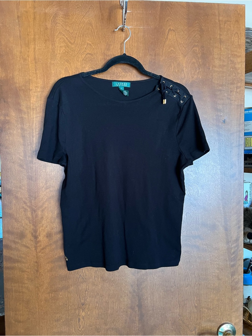 Ralph Lauren Black Short Sleeve Tee with Lace-Up Shoulder